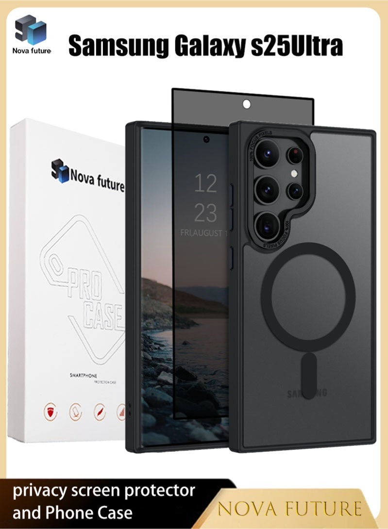 1+1Samsung S25 Ultra Protective Kit,includes a phone case [MagaSafe compatible][matte finish][drop-proof,black] + a privacy screen protector [28° privacy protection][9H hardness][ultrasonic fingerprint unlock]